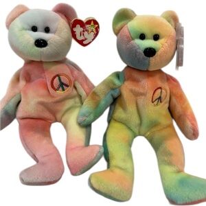 Ty Beanie Babies Peace Bear Tie Dye Plush set of 2  1996 w Tags Vintage rainbow